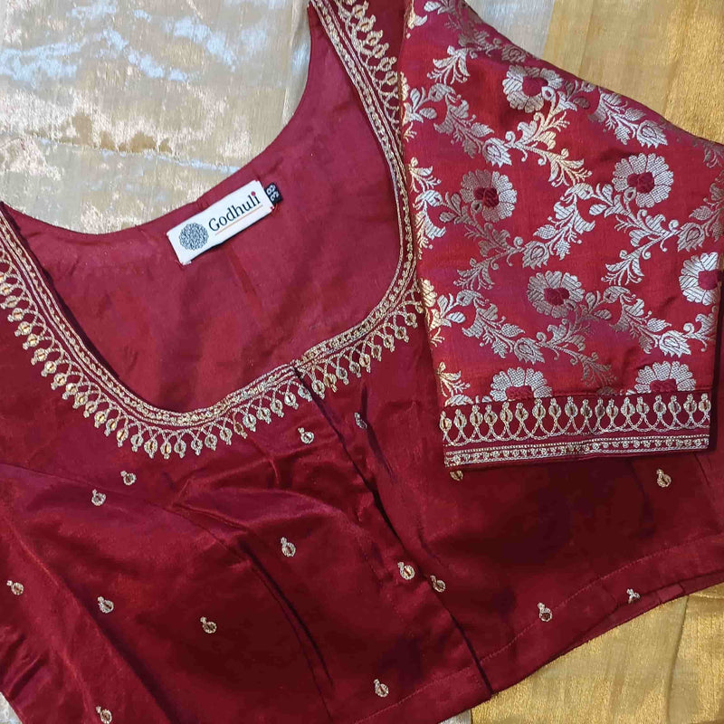 Maroon Gaji Silk Brocade Sleeves Aari Work Readymade Blouse | Godhuli