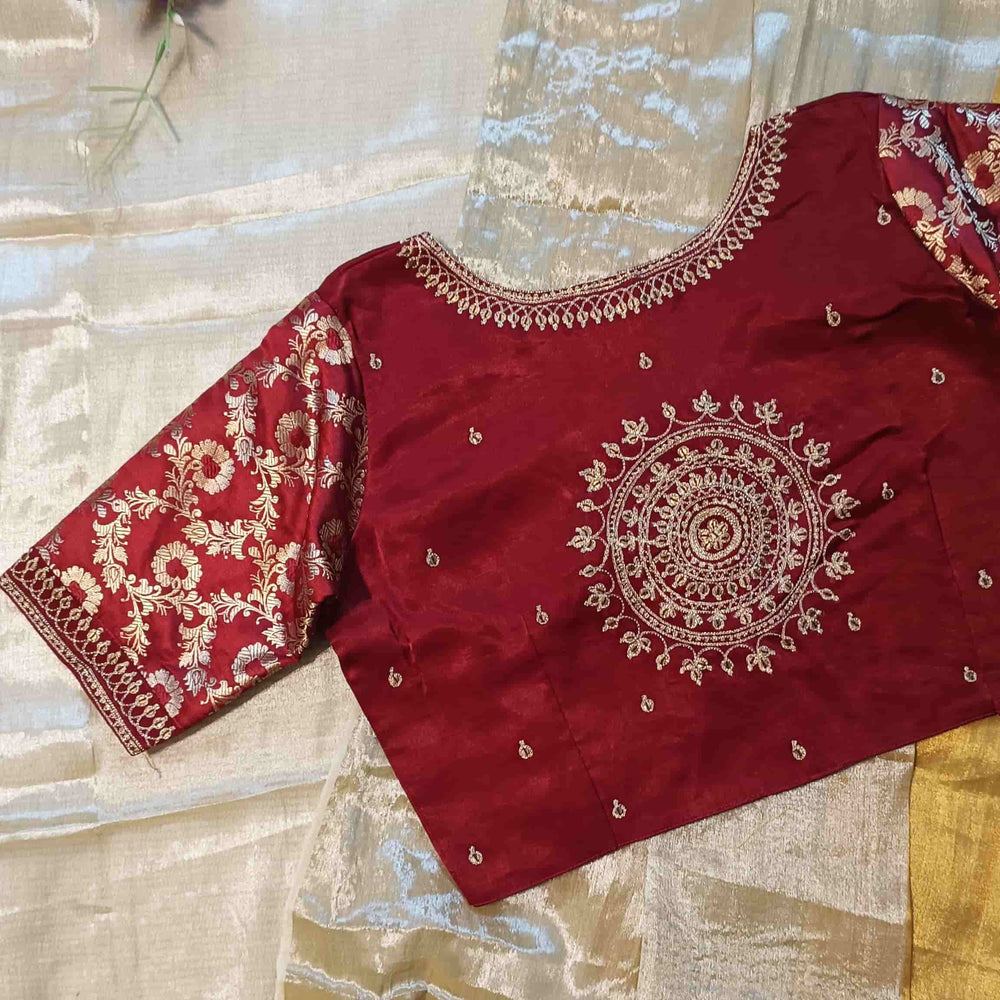 Maroon Gaji Silk Brocade Sleeves Aari Work Readymade Blouse | Godhuli