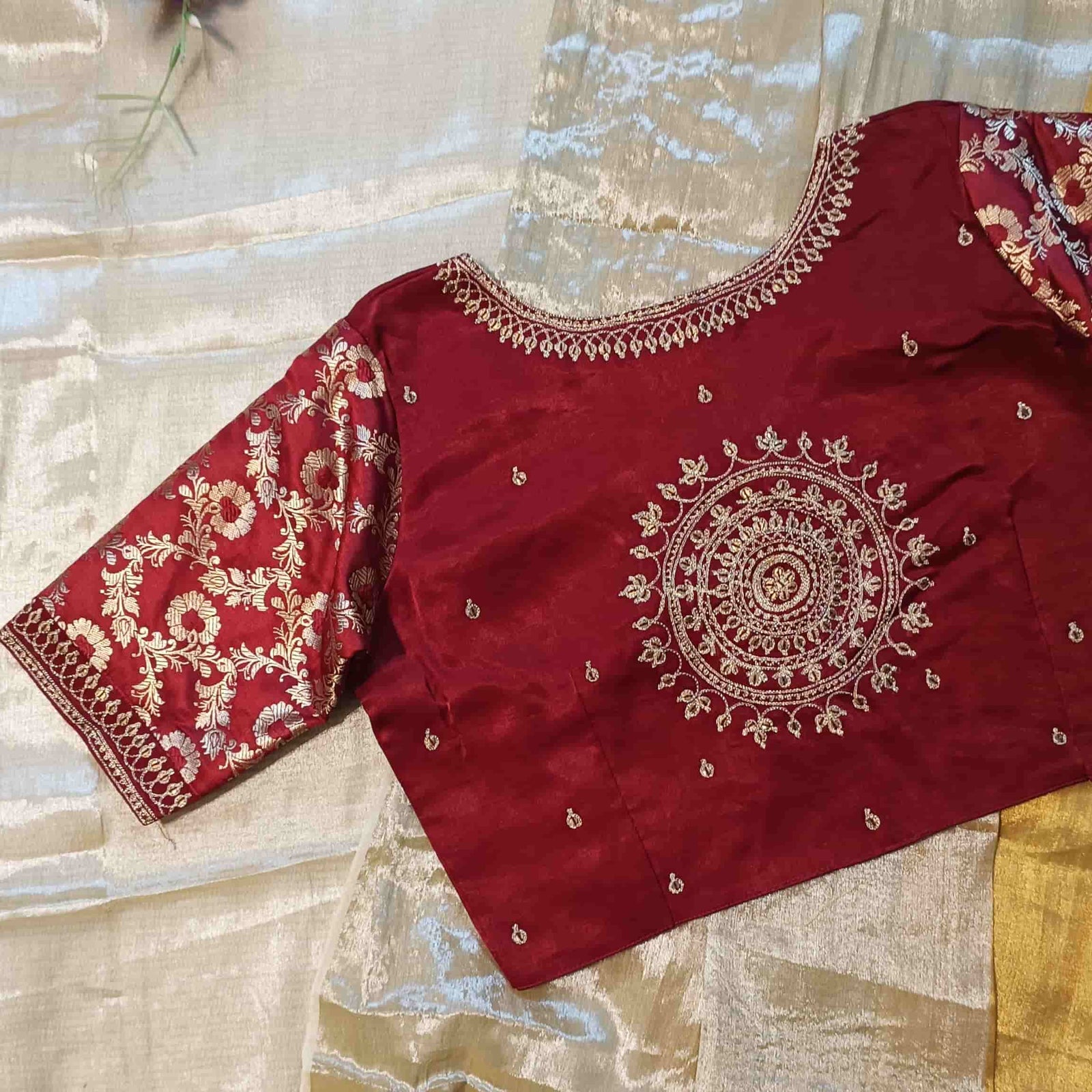 Maroon Gaji Silk Brocade Sleeves Aari Work Readymade Blouse | Godhuli