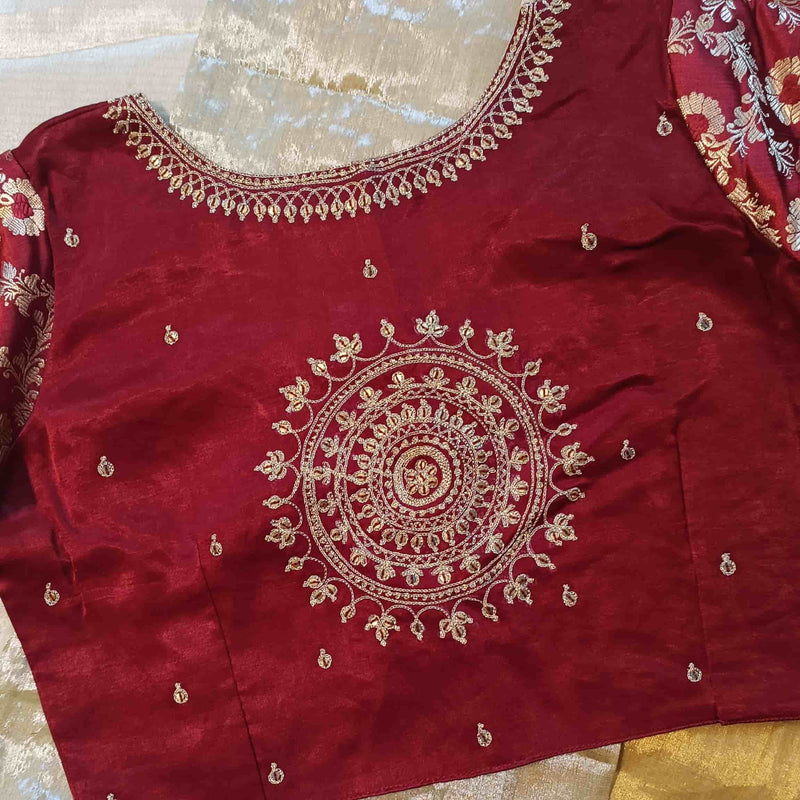 Maroon Gaji Silk Brocade Sleeves Aari Work Readymade Blouse | Godhuli