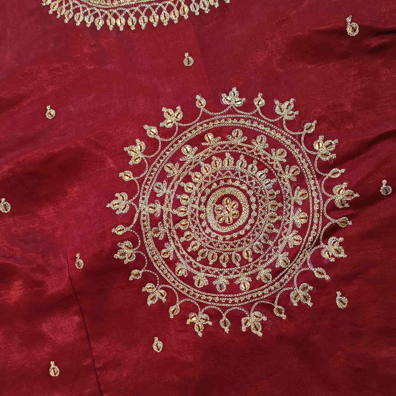 Maroon Gaji Silk Brocade Sleeves Aari Work Readymade Blouse | Godhuli