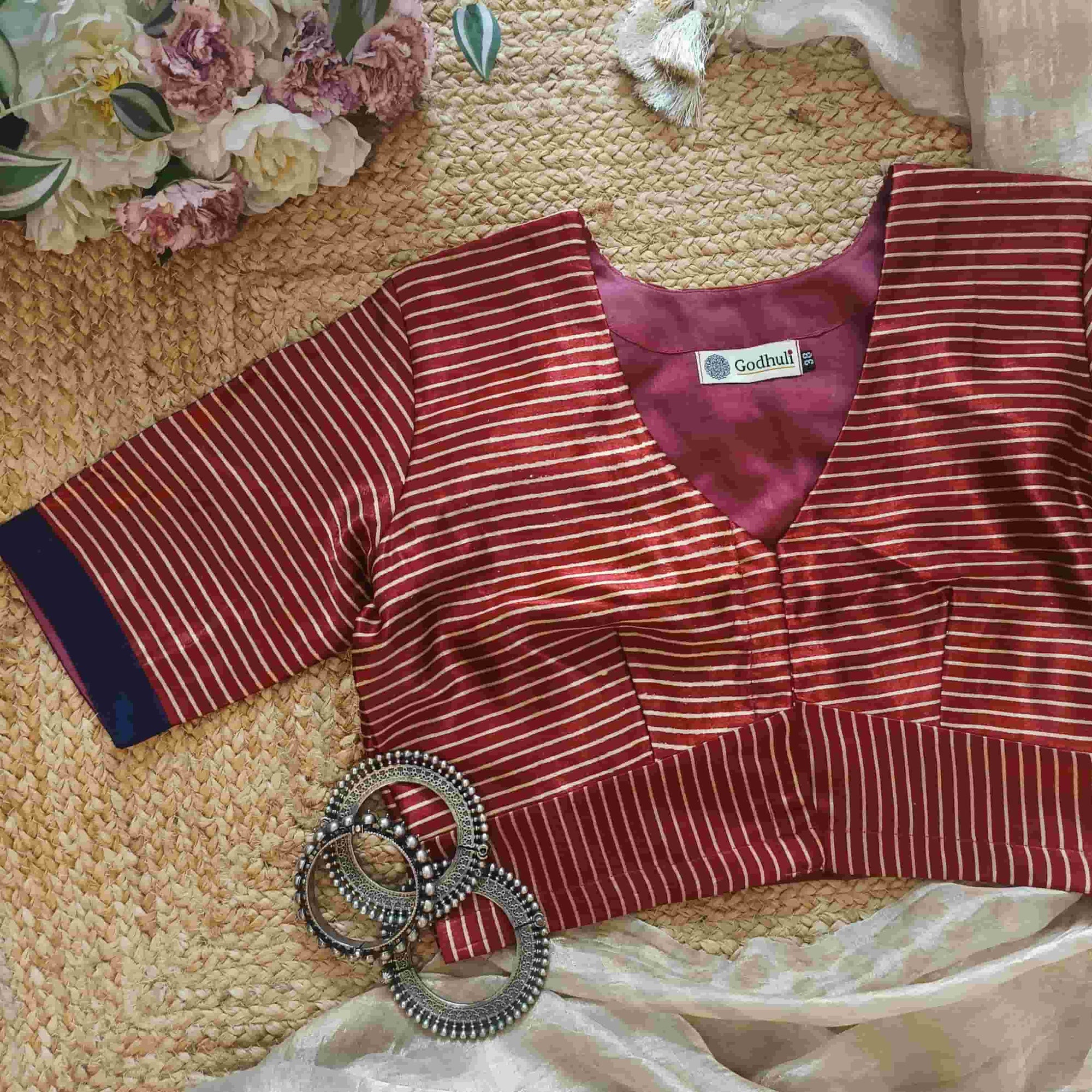 Maroon Gaji Silk Stripes Readymade Blouse | Godhuli
