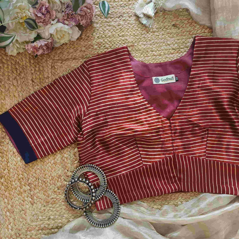 Maroon Gaji Silk Stripes Readymade Blouse | Godhuli