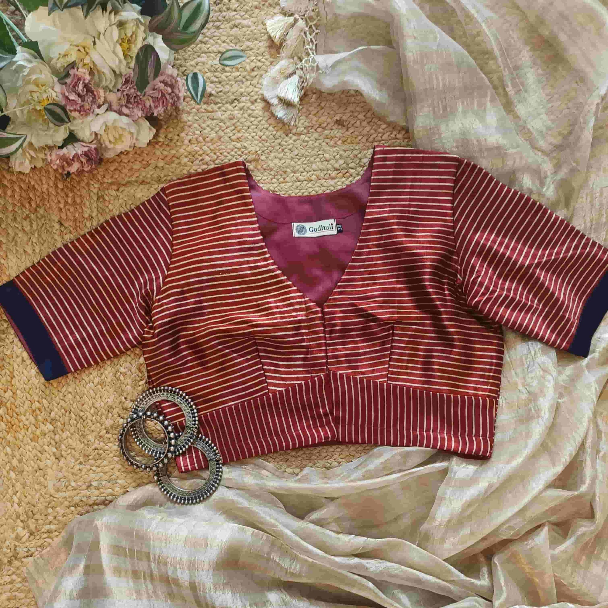 Maroon Gaji Silk Stripes Readymade Blouse | Godhuli