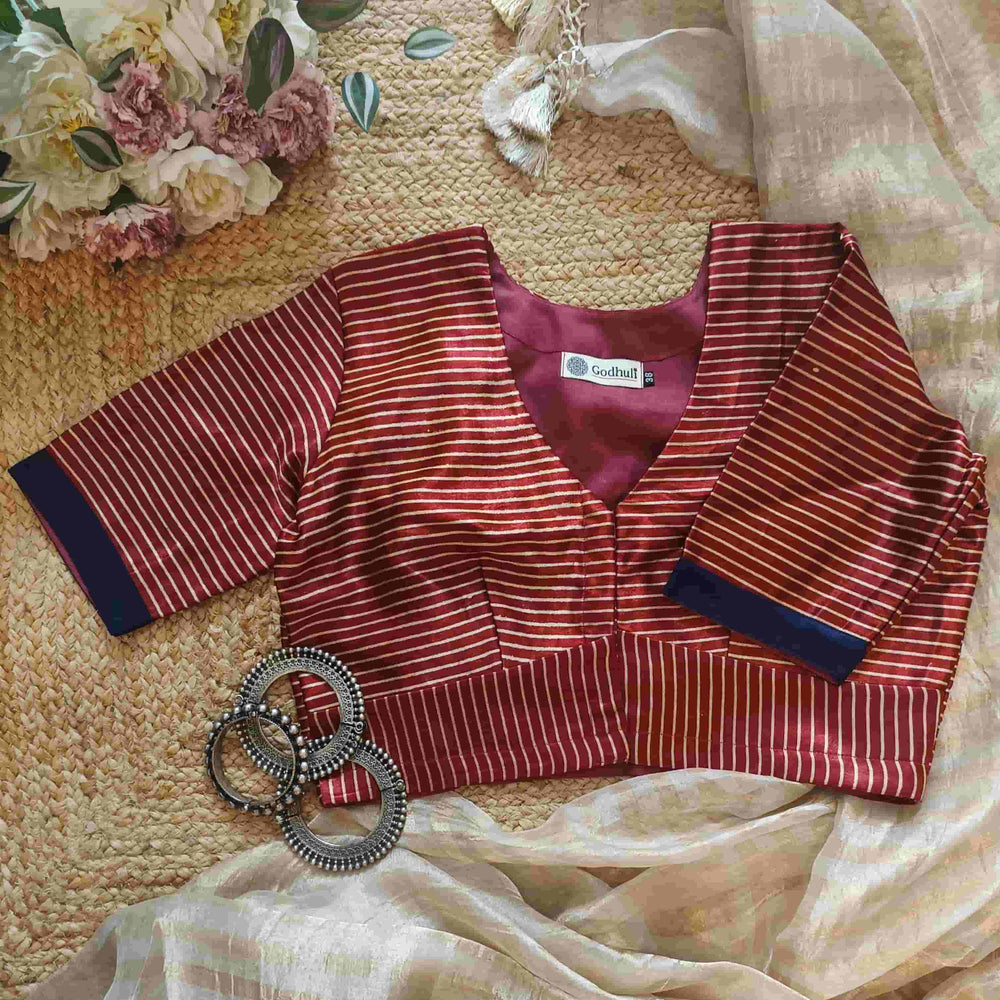 Maroon Gaji Silk Stripes Readymade Blouse | Godhuli