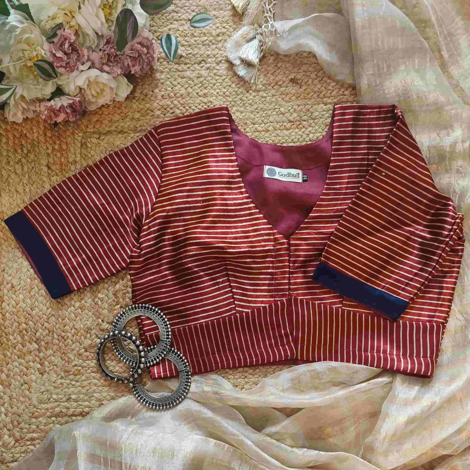 Maroon Gaji Silk Stripes Readymade Blouse | Godhuli