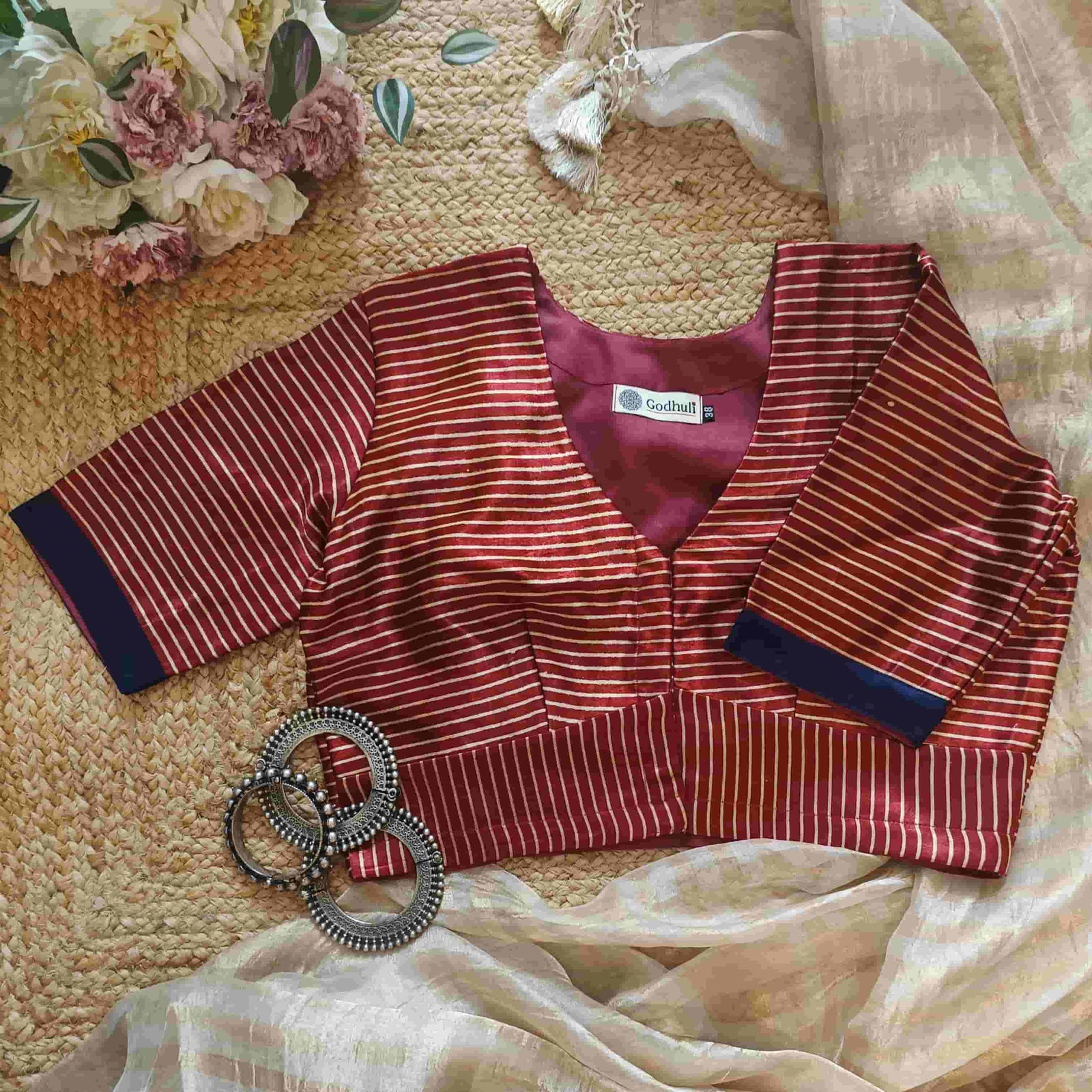 Maroon Gaji Silk Stripes Readymade Blouse | Godhuli