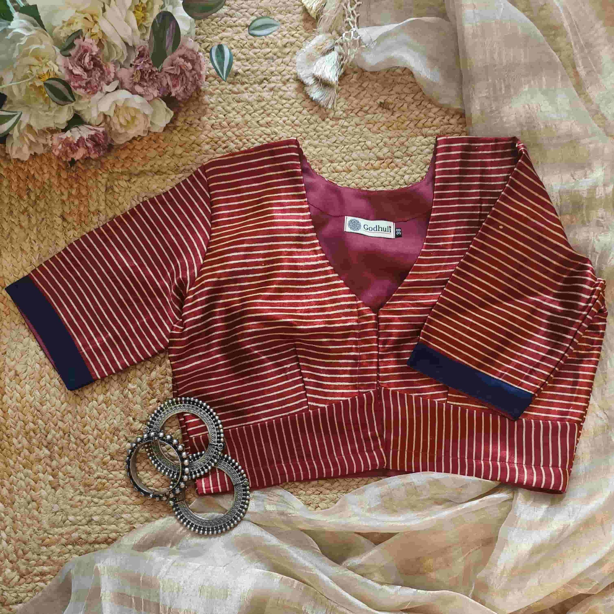Maroon Gaji Silk Stripes Readymade Blouse | Godhuli