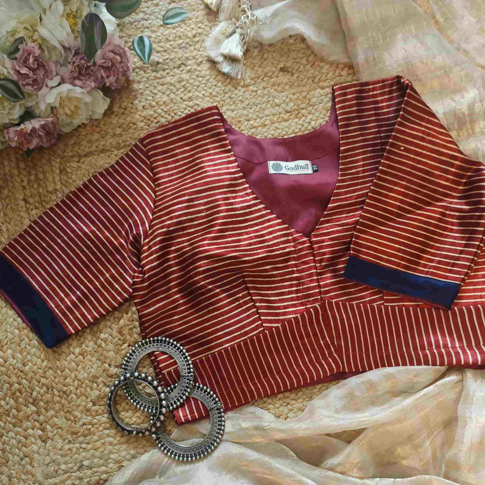Maroon Gaji Silk Stripes Readymade Blouse | Godhuli