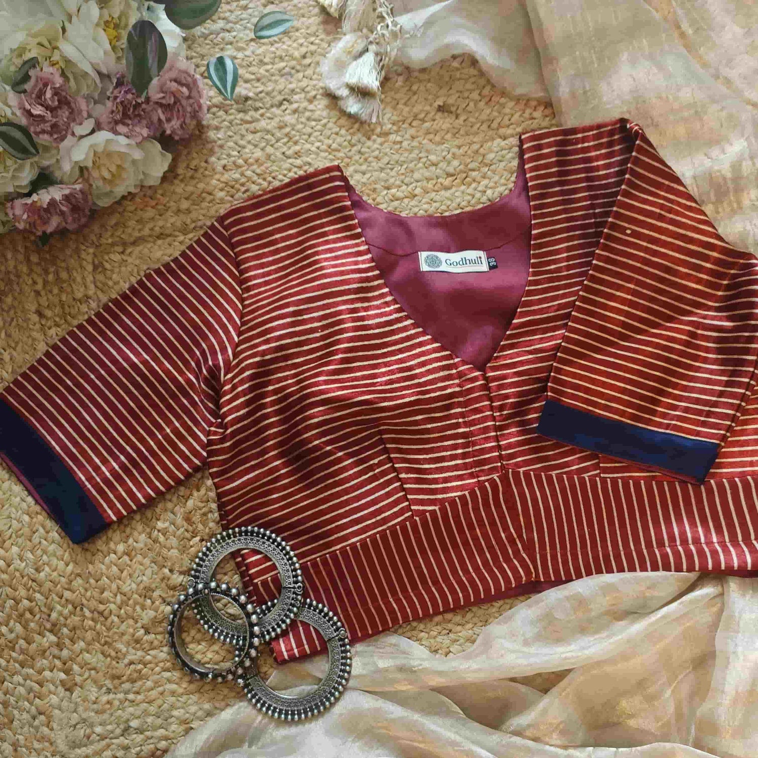 Maroon Gaji Silk Stripes Readymade Blouse | Godhuli