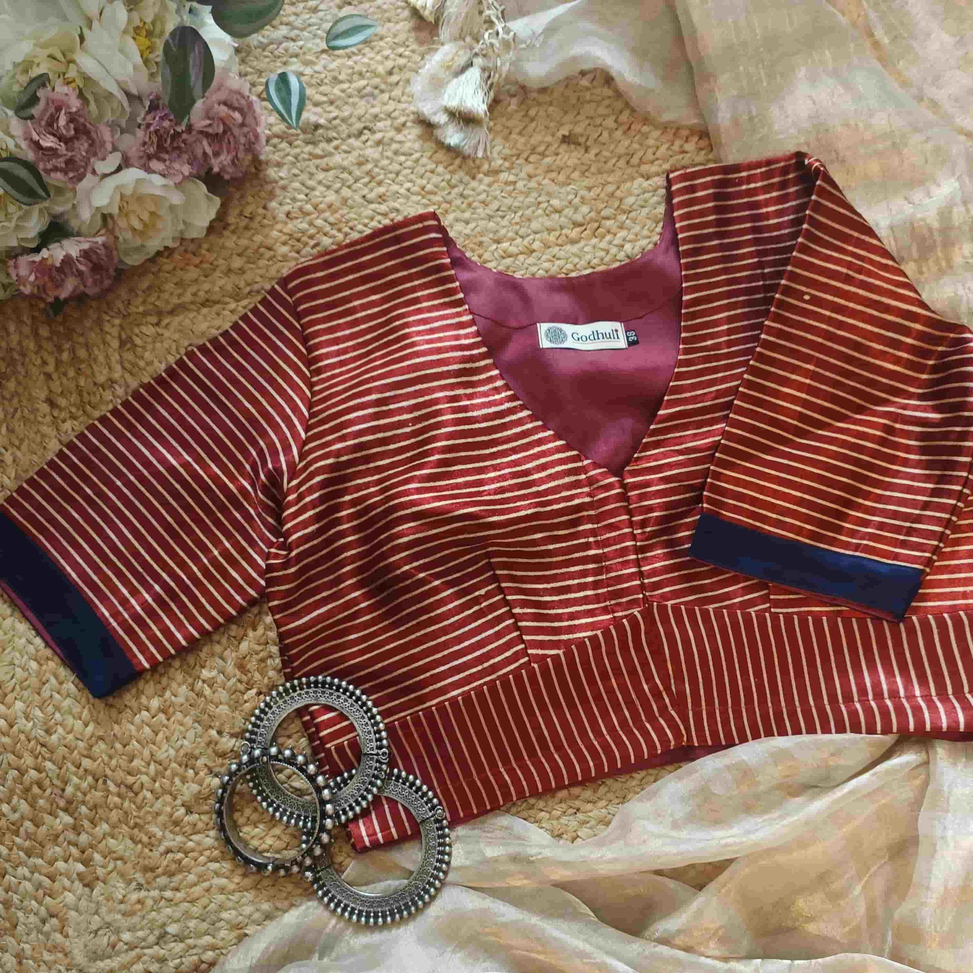 Maroon Gaji Silk Stripes Readymade Blouse | Godhuli