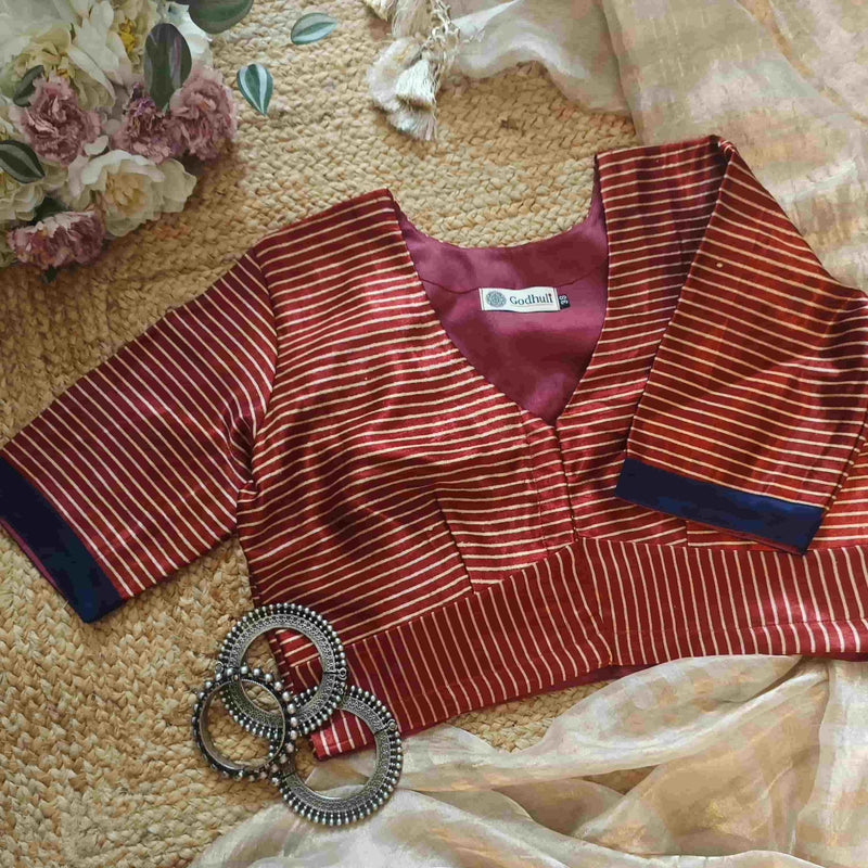 Maroon Gaji Silk Stripes Readymade Blouse | Godhuli