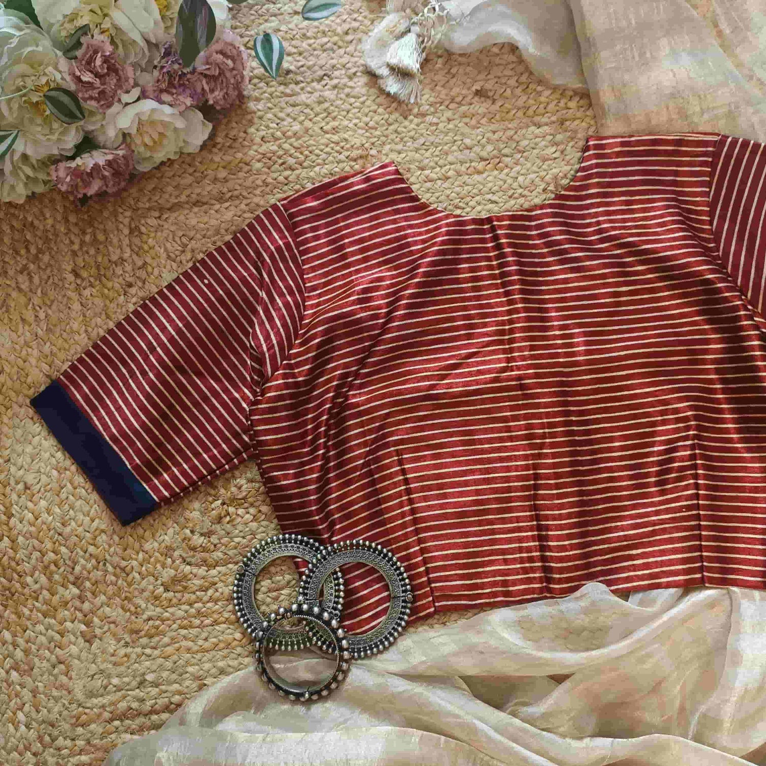 Maroon Gaji Silk Stripes Readymade Blouse | Godhuli