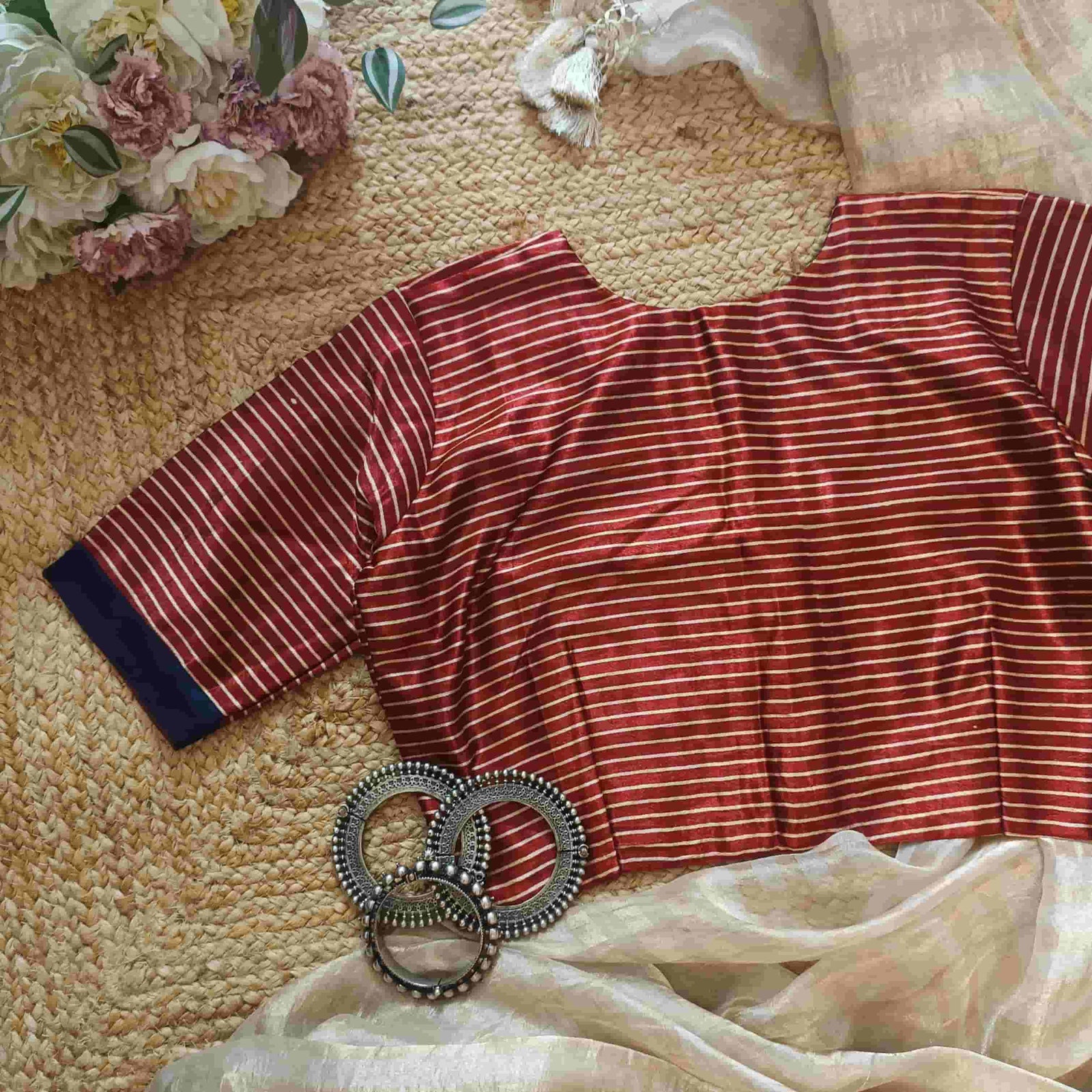 Maroon Gaji Silk Stripes Readymade Blouse | Godhuli