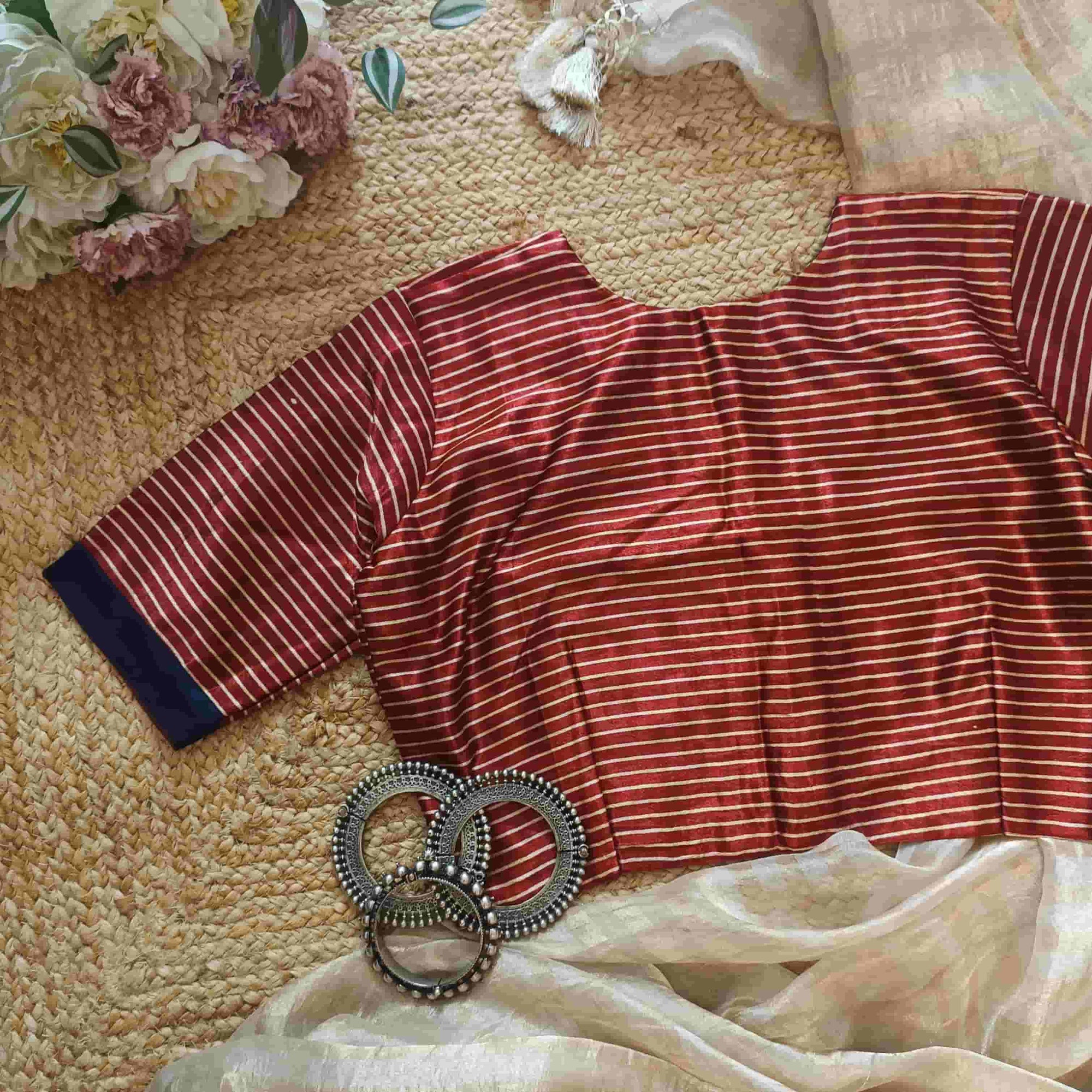 Maroon Gaji Silk Stripes Readymade Blouse | Godhuli