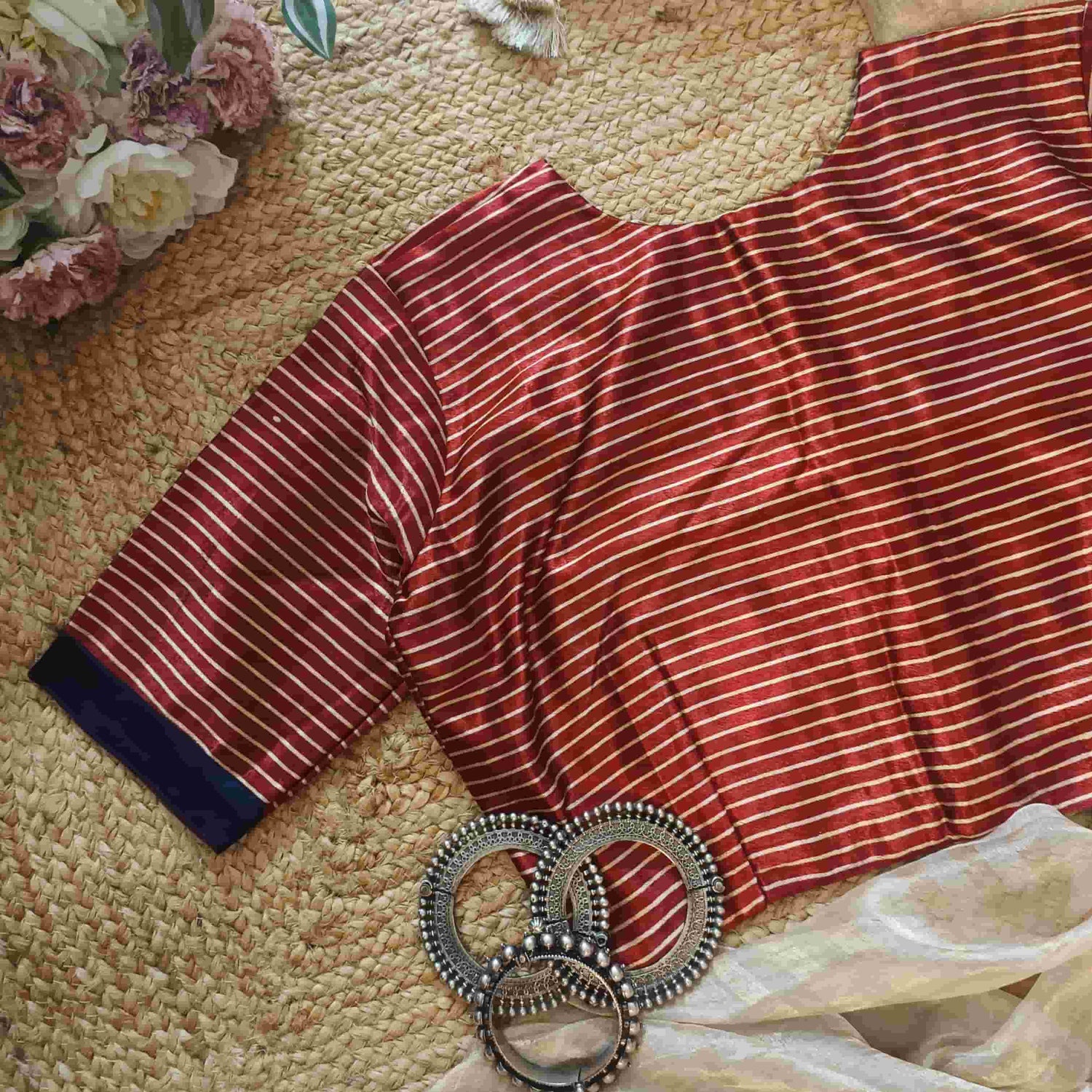 Maroon Gaji Silk Stripes Readymade Blouse | Godhuli