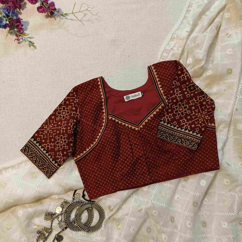 Maroon Gamathi Readymade Blouse with Patola Print Sleeves | Godhuli