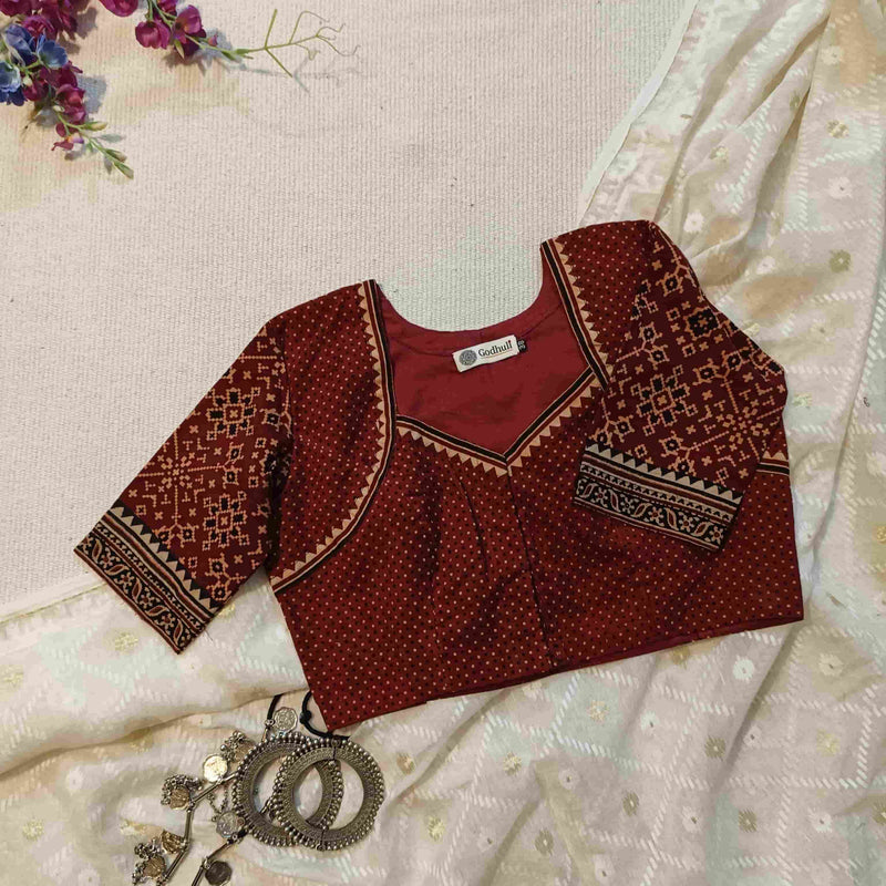 Maroon Gamathi Readymade Blouse with Patola Print Sleeves | Godhuli