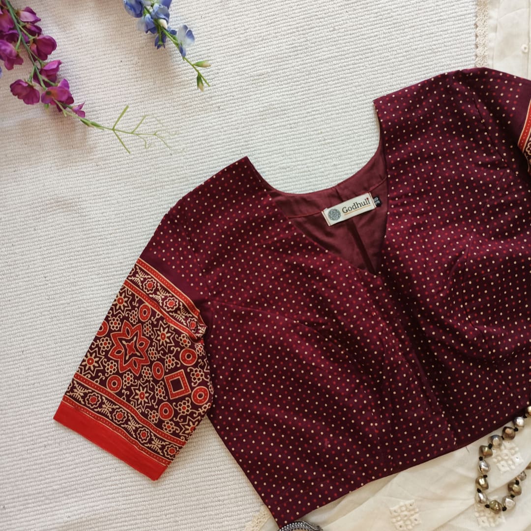 Maroon Orange Dotted Gamathi Readymade Blouse | Godhuli