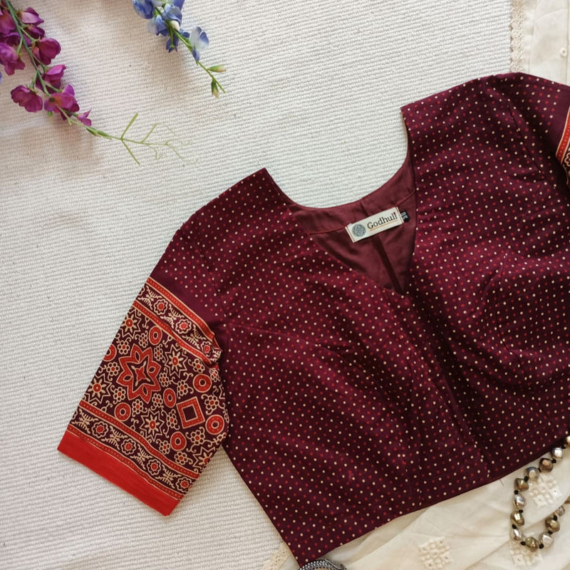 Maroon Orange Dotted Gamathi Readymade Blouse | Godhuli