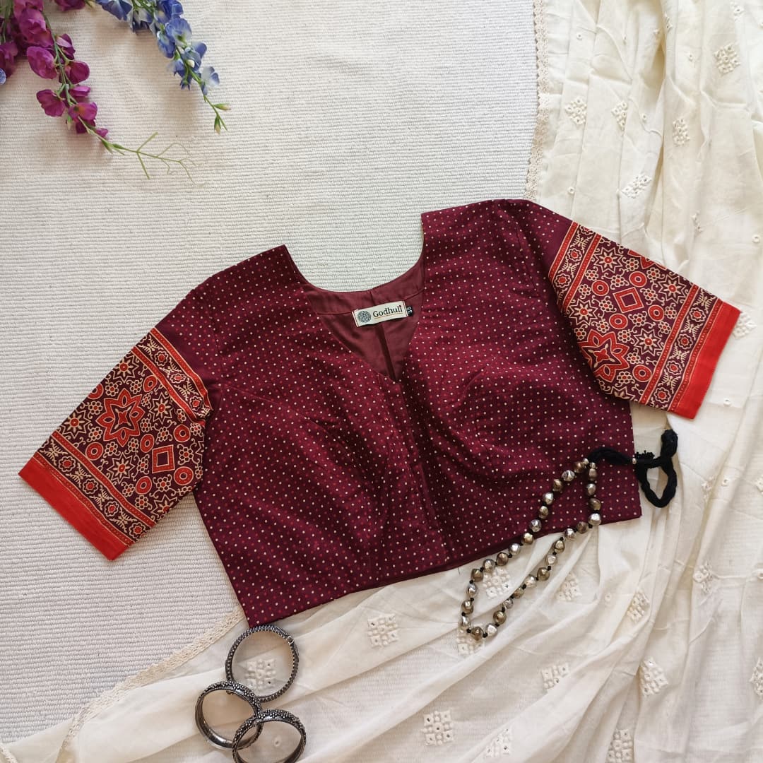 Maroon Orange Dotted Gamathi Readymade Blouse | Godhuli