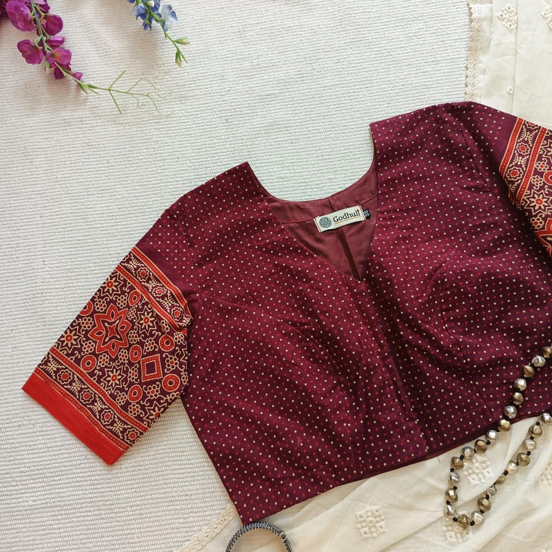 Maroon Orange Dotted Gamathi Readymade Blouse | Godhuli