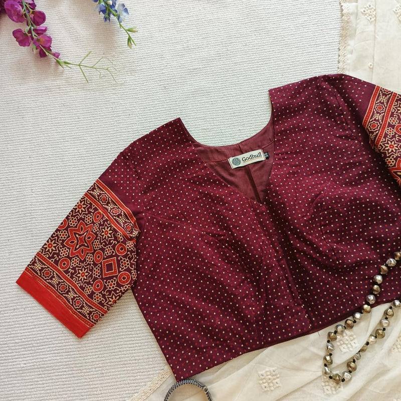 Maroon Orange Dotted Gamathi Readymade Blouse | Godhuli