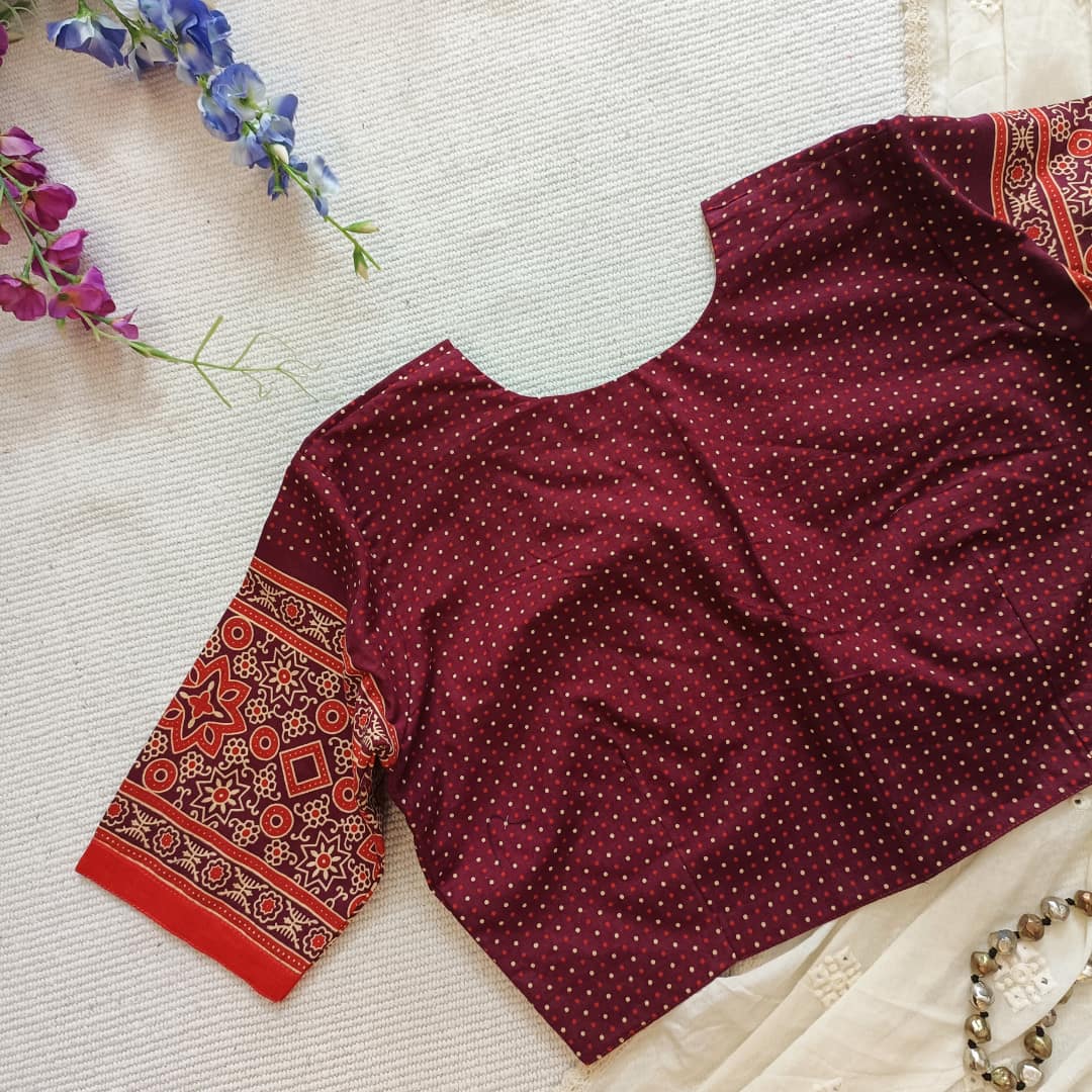 Maroon Orange Dotted Gamathi Readymade Blouse | Godhuli