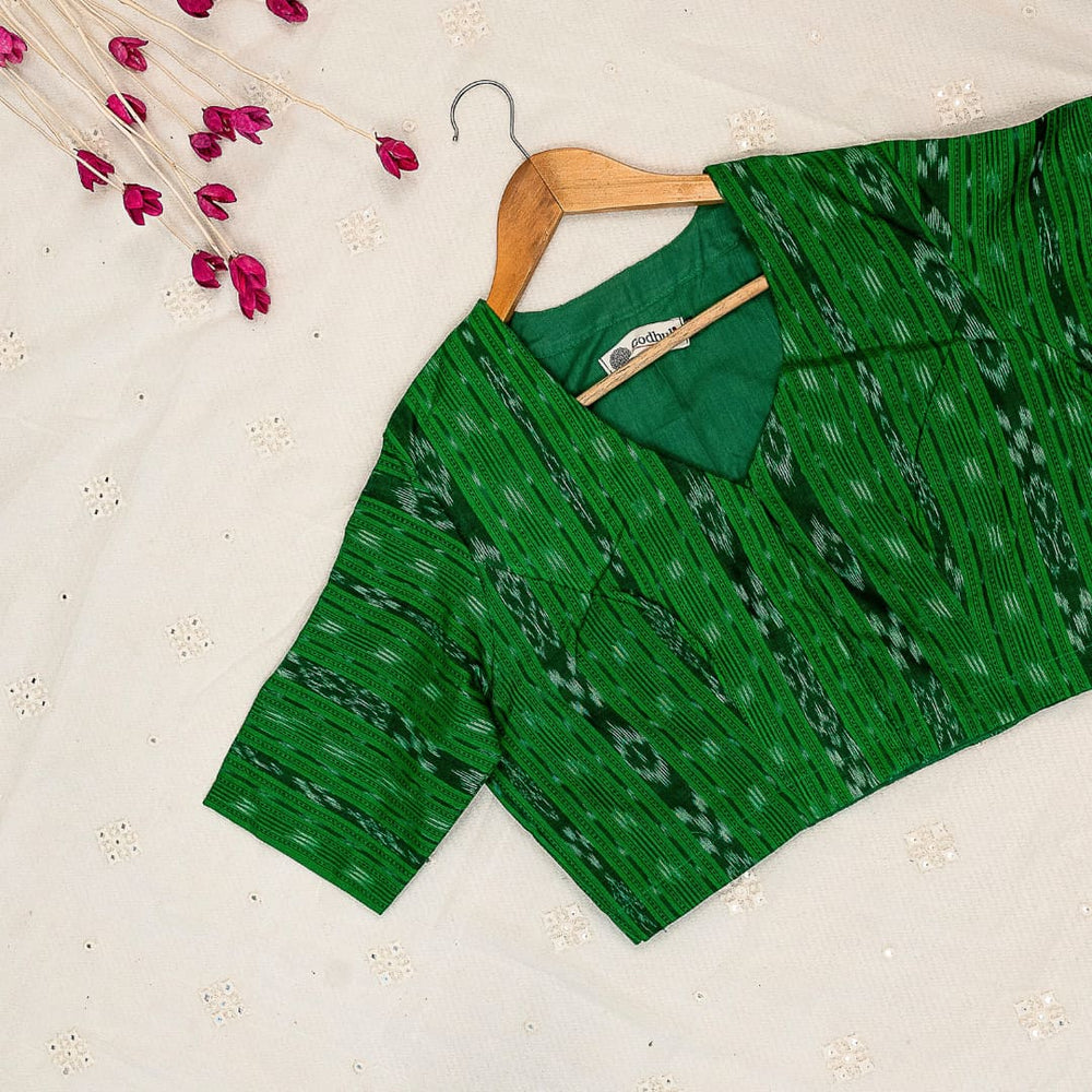 Moss Green Mercerised Ikat Readymade Blouse | Godhuli