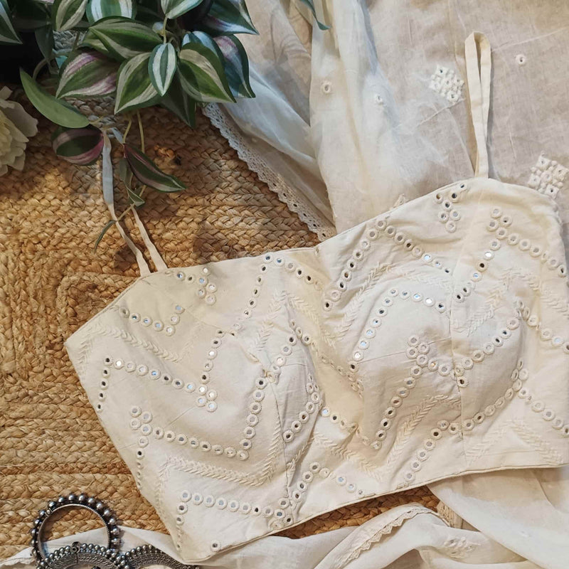 Buy Mulmul Ivory Faux Mirrorwork Saree Blouse Combo | Godhuli