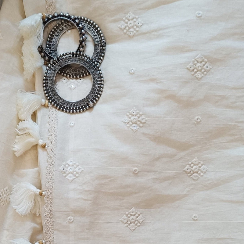 Ivory Embroidered Faux Mirror work Saree | Godhuli