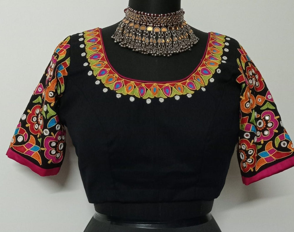 Multicoloured Embroidered Black Mirror work Readymade Blouse | Godhuli