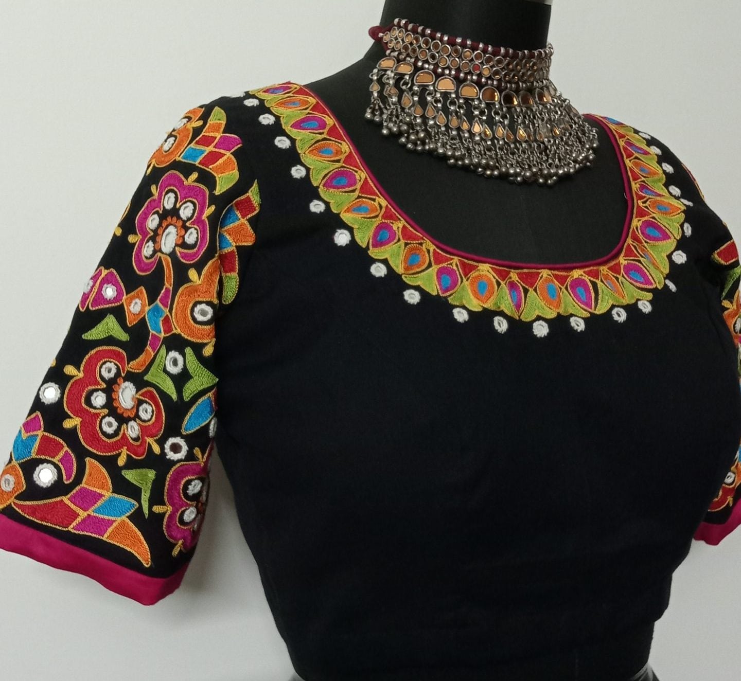Multicoloured Embroidered Black Mirror work Readymade Blouse | Godhuli