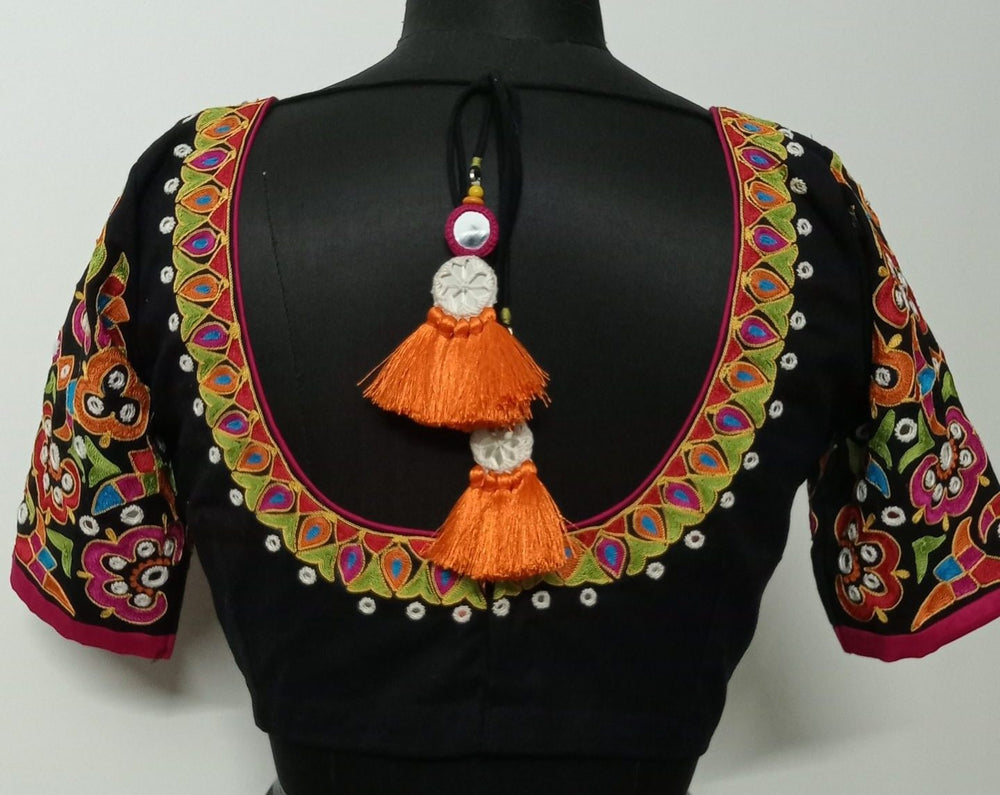 Multicoloured Embroidered Black Mirror work Readymade Blouse | Godhuli