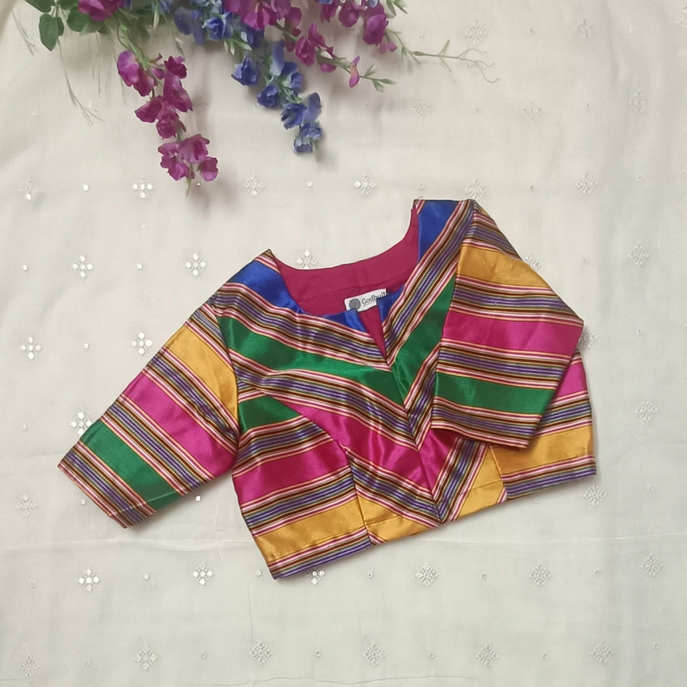 Multicoloured Gaji Silk Stripes Readymade Blouse | Godhuli