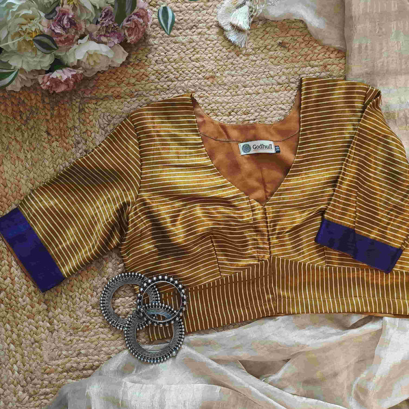 Mustard Gaji Silk Stripes Readymade Blouse | Godhuli