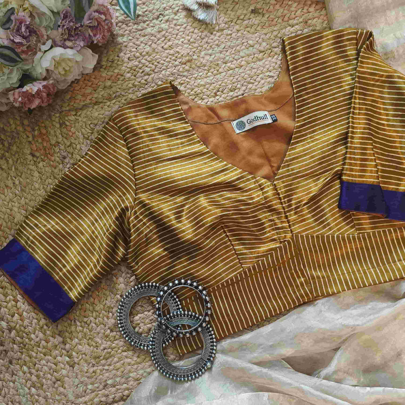 Mustard Gaji Silk Stripes Readymade Blouse | Godhuli