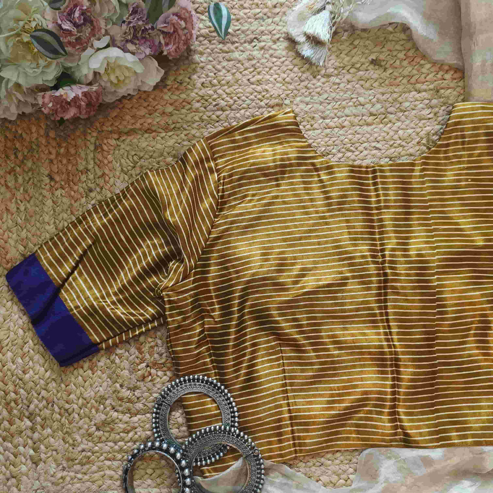 Mustard Gaji Silk Stripes Readymade Blouse | Godhuli