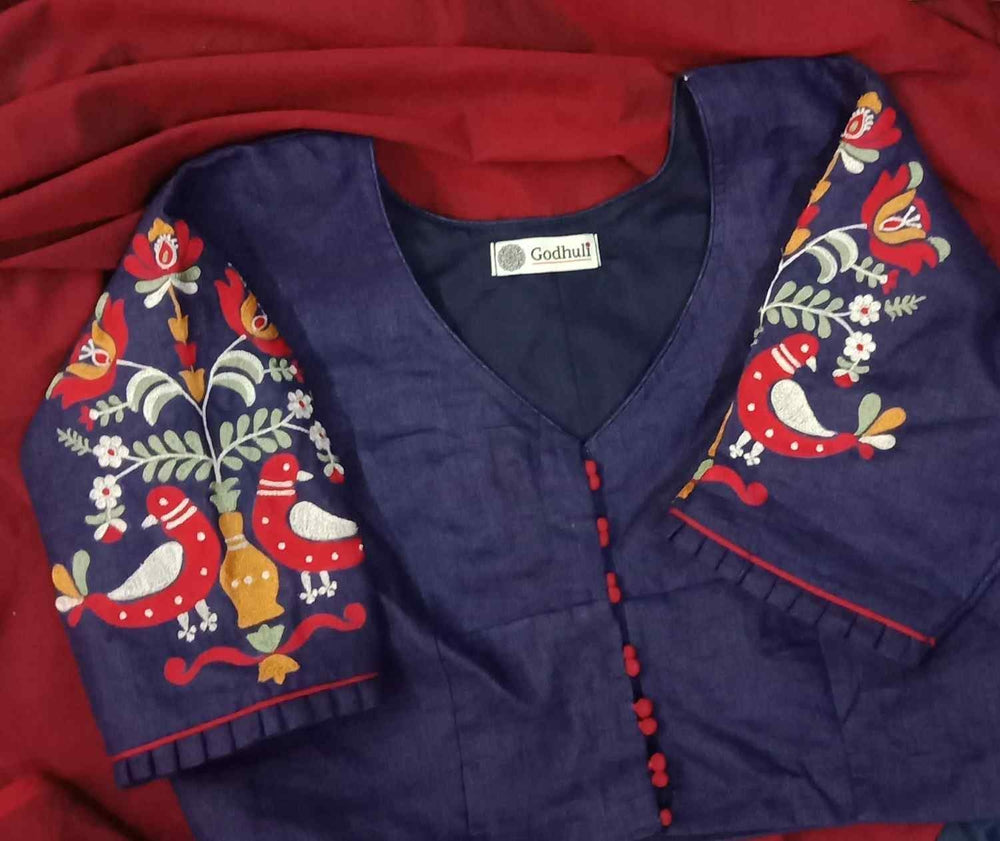 Navy Blue Embroidered Flex Cotton Readymade Blouse | Godhuli