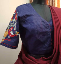Navy Blue Embroidered Flex Cotton Readymade Blouse | Godhuli