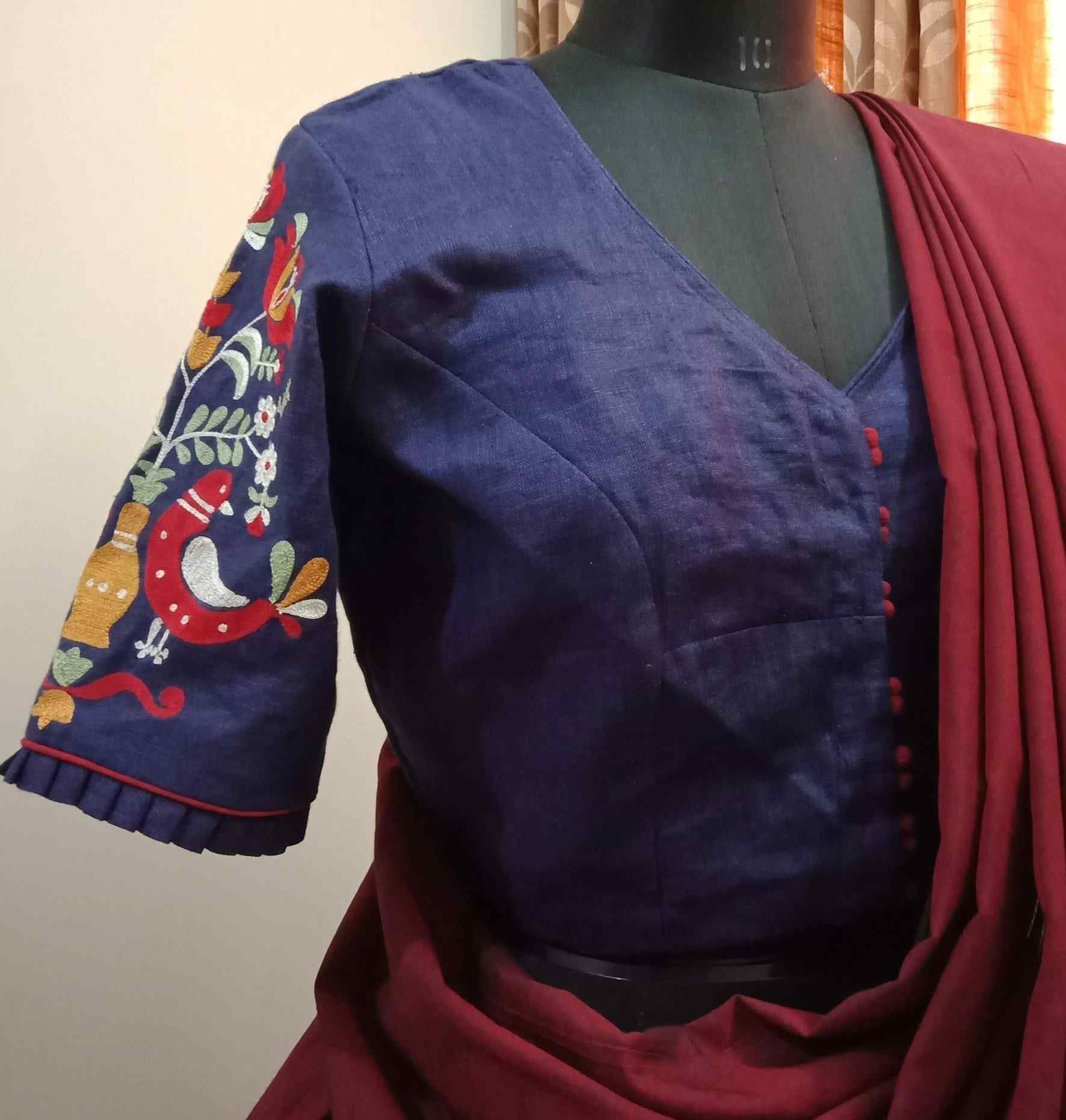 Navy Blue Embroidered Flex Cotton Readymade Blouse | Godhuli