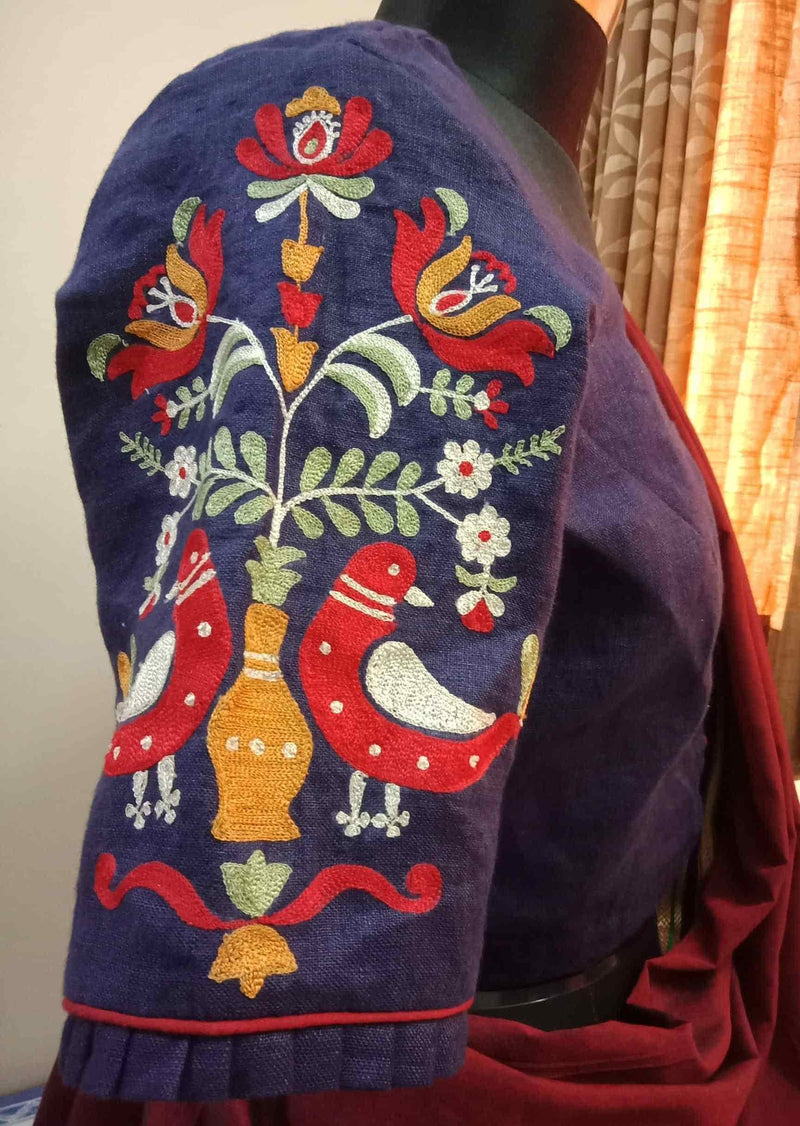 Navy Blue Embroidered Flex Cotton Readymade Blouse | Godhuli