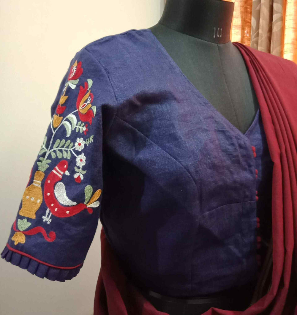 Navy Blue Embroidered Flex Cotton Readymade Blouse | Godhuli