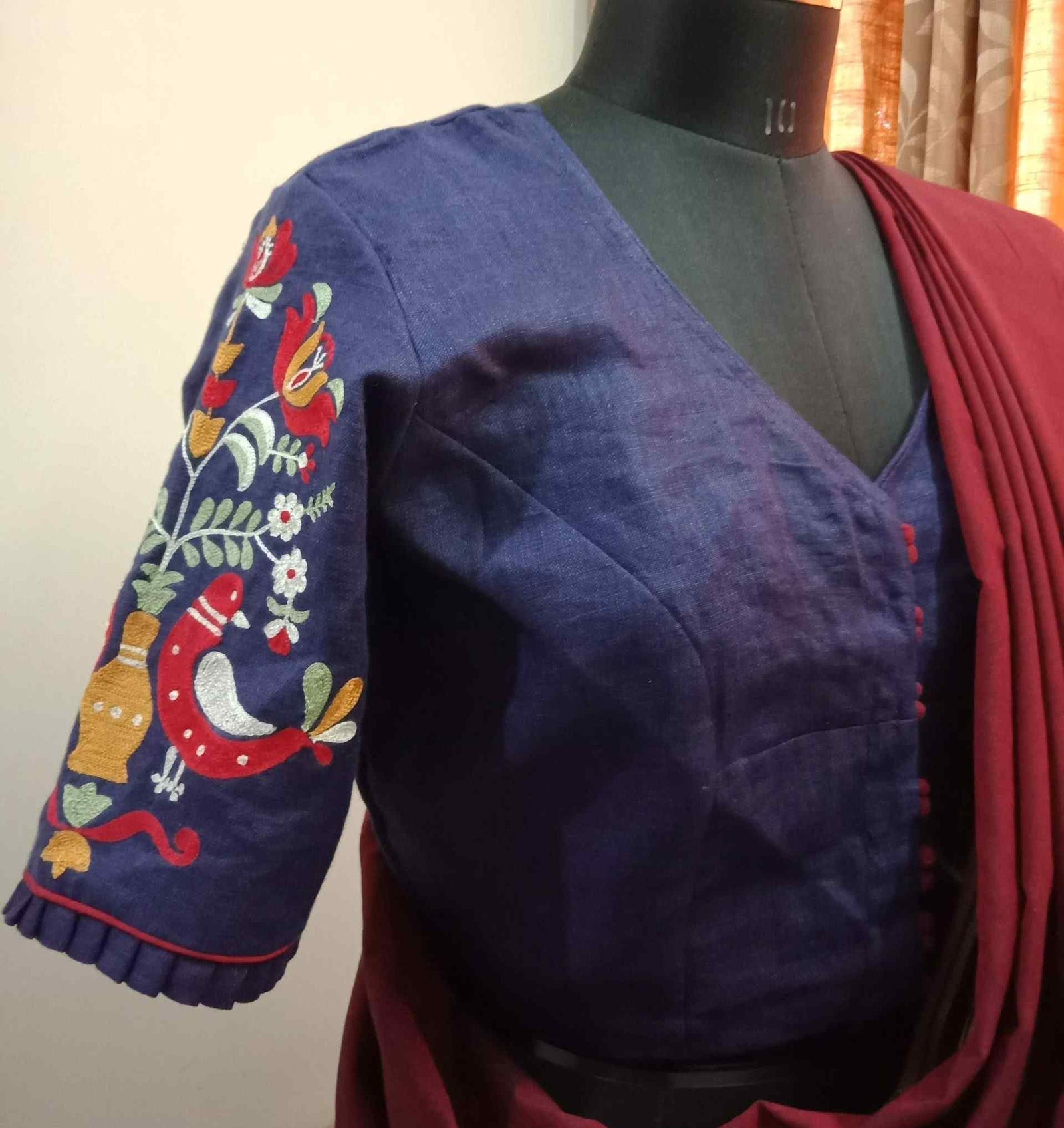Navy Blue Embroidered Flex Cotton Readymade Blouse | Godhuli