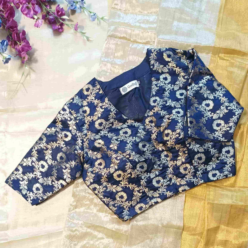 Navy Blue Banarasi Brocade Readymade Blouse | Godhuli