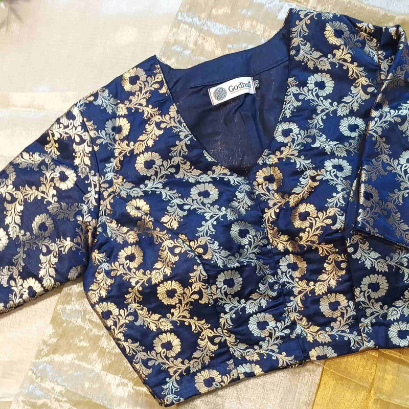 Navy Blue Banarasi Brocade Readymade Blouse | Godhuli
