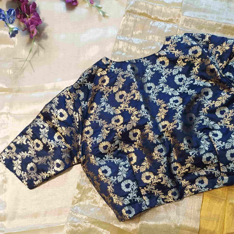 Navy Blue Banarasi Brocade Readymade Blouse | Godhuli