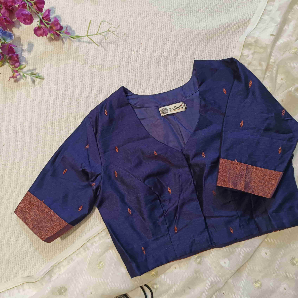Navy Blue Chanderi Cotton Silk Readymade Blouse | Godhuli