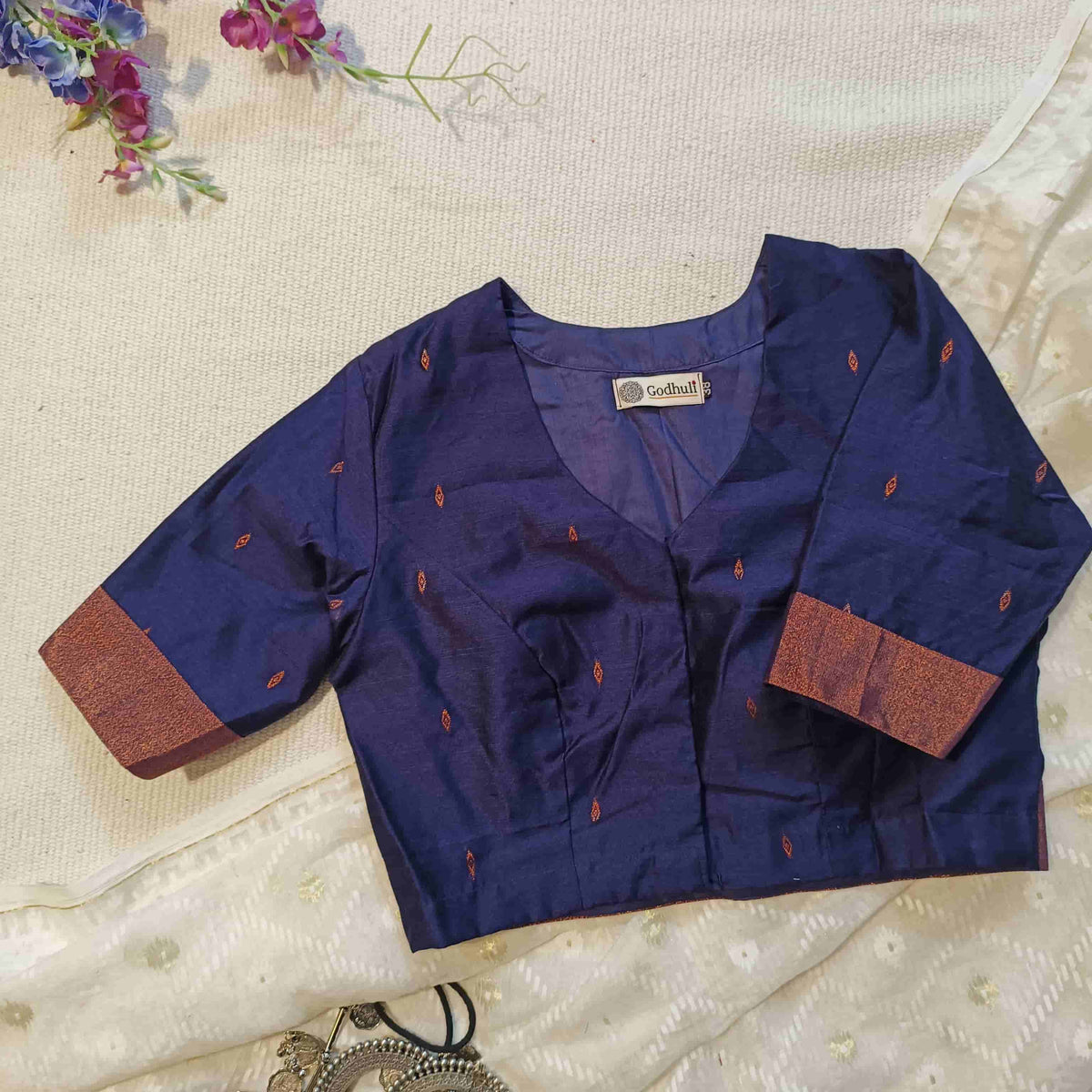 Navy Blue Chanderi Cotton Silk Readymade Blouse | Godhuli