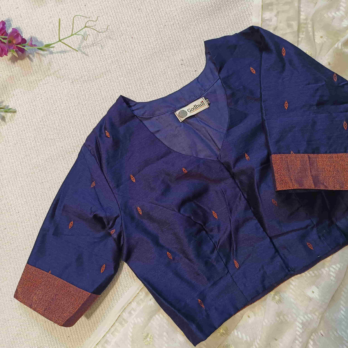 Navy Blue Chanderi Cotton Silk Readymade Blouse | Godhuli